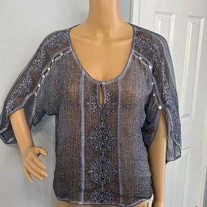 Yauvan Semi Sheer Embroidered Boho Viscose Stone Wash Gray Blouse